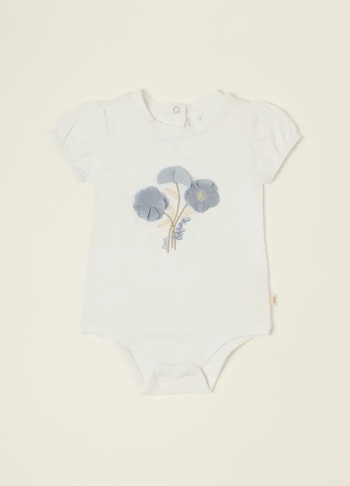 Blukids Body Bianco Con Dettagli Floreali In Cotone Elasticizzato Da Neonata, Bianco