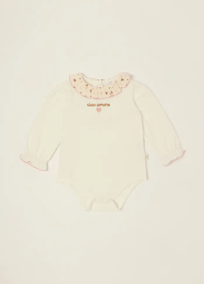 Blukids Body Bianco In Cotone Elasticizzato Con Colletto Decorato Da Neonata, Bianco