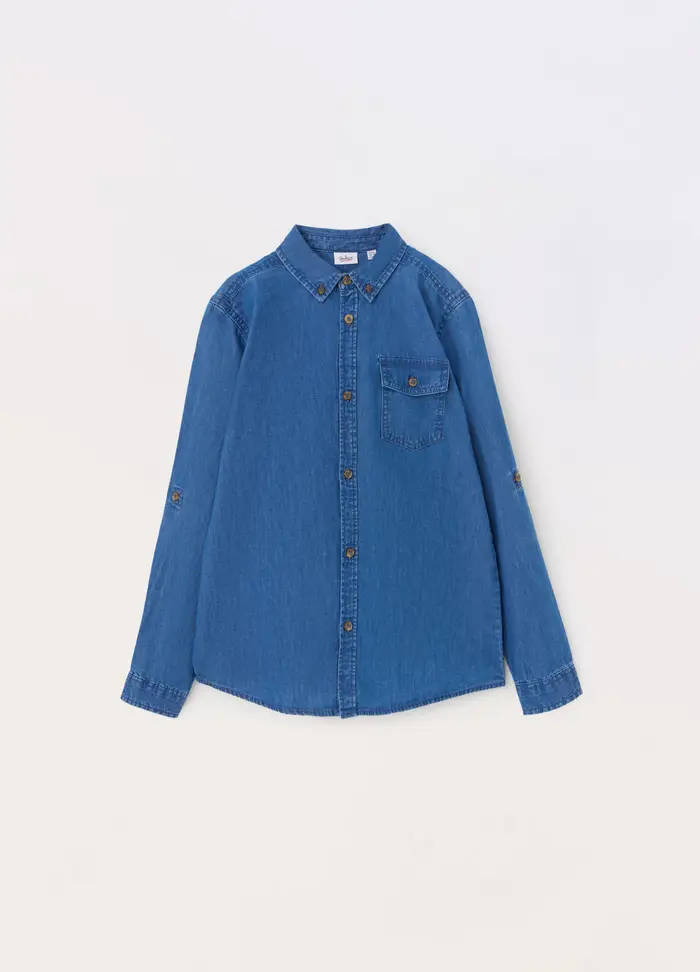 Camicia In Chambray Di Puro Cotone Ragazzo, Bambino, Blu denim