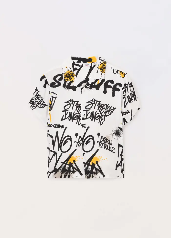 Blukids Camicia In Pura Viscosa Con Stampa Ragazzo, Bambino, Bianco