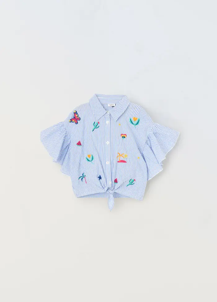 Camicia In Puro Cotone Ragazza, Bambina, Bianco/Blu