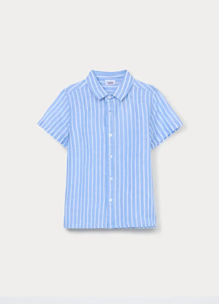 Blukids Camicia Misto Lino Regolar Fit Bambino, Bianco/Azzurro