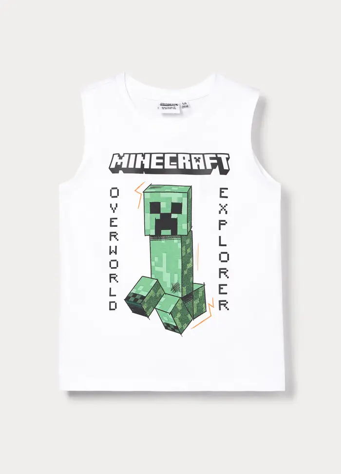 Blukids Canotta Minecraft In Jersey Di Puro Cotone Bambino, Bianco