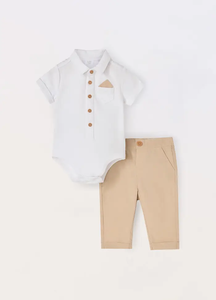Blukids Completino In Jersey Stretch Con Body E Pantalone Neonato, Bianco/Marrone
