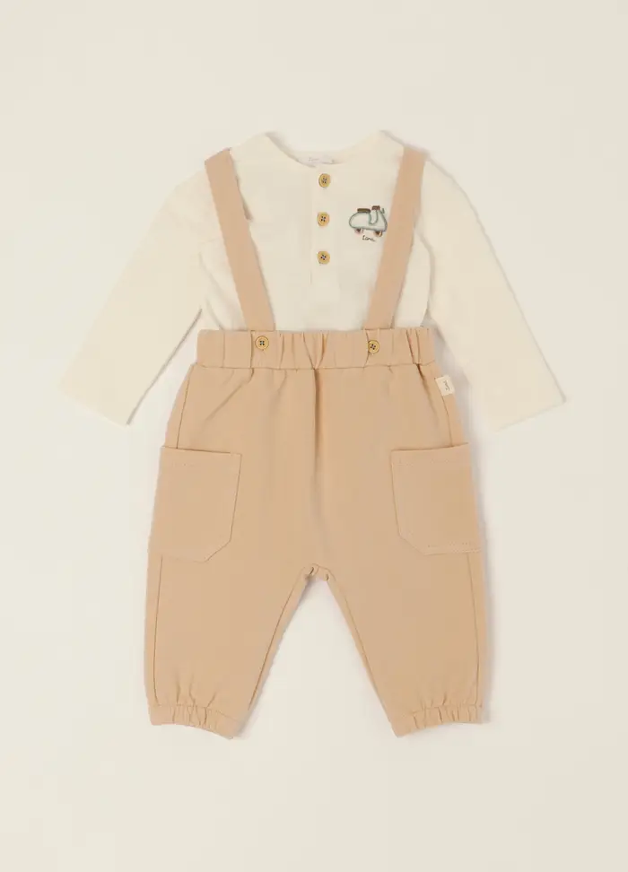 Blukids Completo Con Ricamo In Puro Cotone Da Neonato, Beige/Marrone