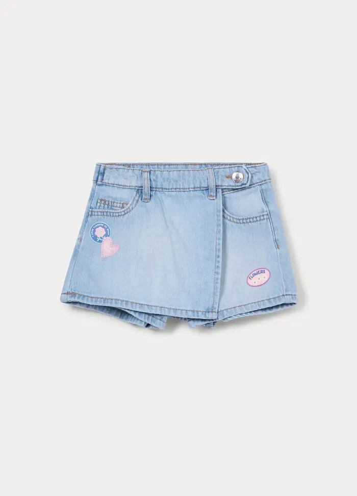 Gonna Pantalone In Denim Misto Cotone Bambina, Azzurro chiaro