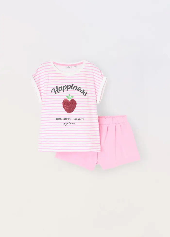 Jogging Set Corto In Cotone Stretch Con Paillettes Bambina, Bianco/Rosa