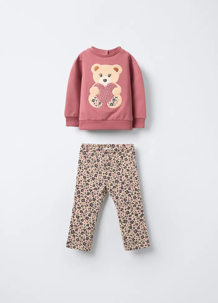 Jogging Set In Cotone Garzato Stretch Bimba, Bambina, Rosa scuro