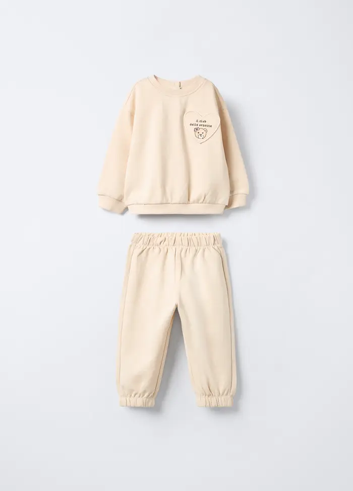Jogging Set In Misto Cotone Garzato Bimba, Bambina, Bianco avorio