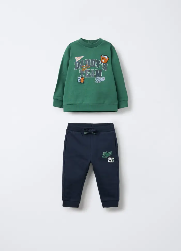 Jogging Set In Puro Cotone Garzato Bimbo, Bambino, Verde foglia
