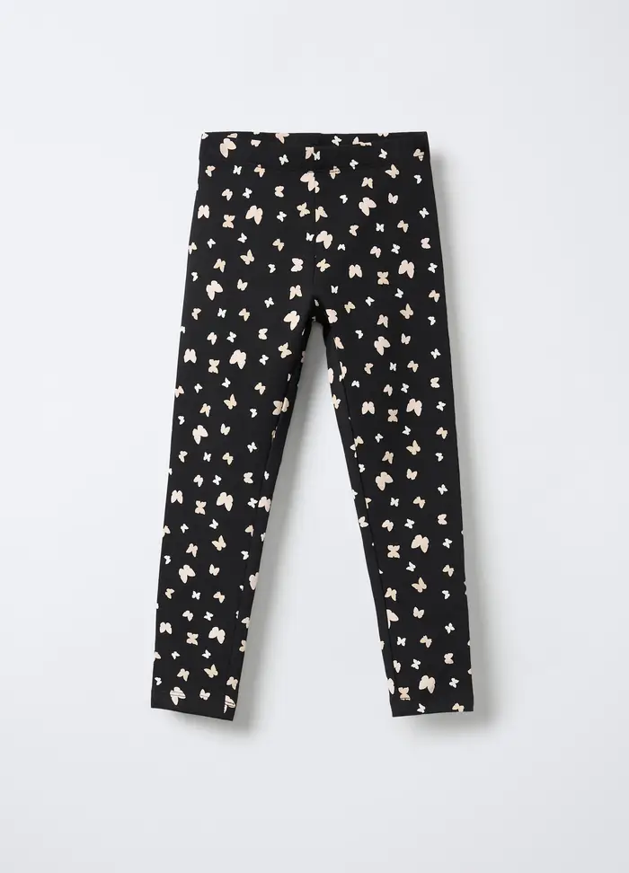 Leggings In Cotone Garzato Stretch Fit Slim Bambina, Nero stampa 1