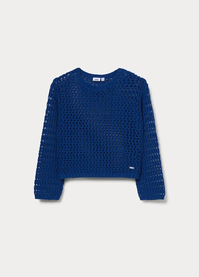 Maglia Girocollo Operata Misto Cotone Ragazza, Bambina, Blu elettrico