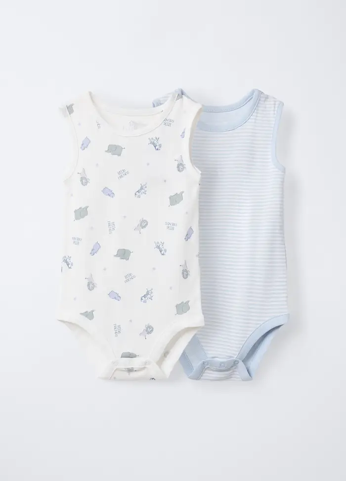 Pack 2 Body In Costina Di Puro Cotone, Neonato, Bianco/Azzurro