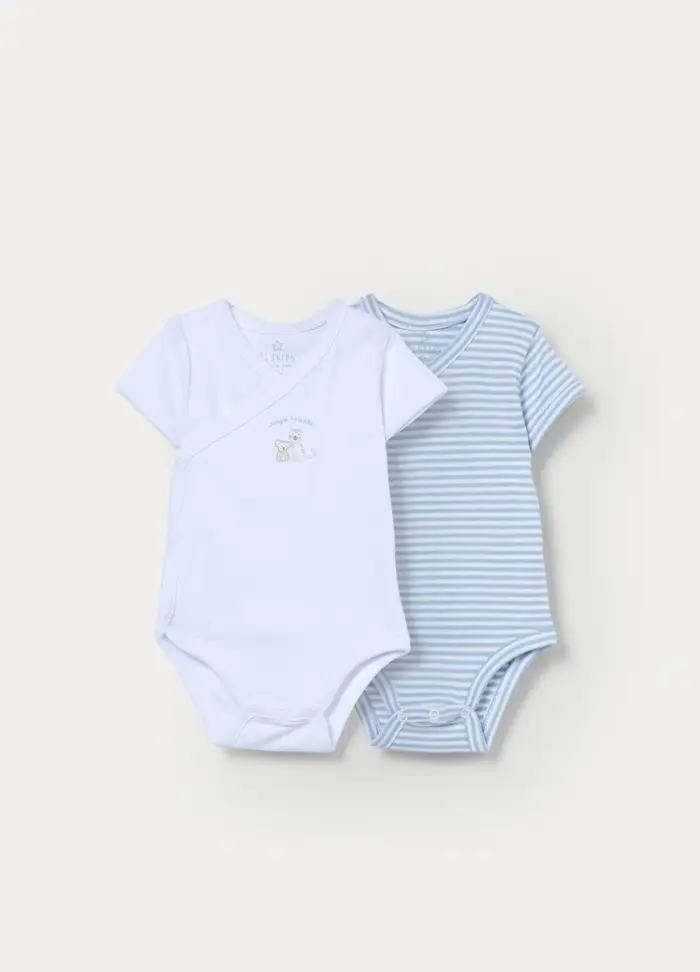 Blukids Pack 2 Body In Interlock Di Puro Cotone Neonato, Bianco/Azzurro