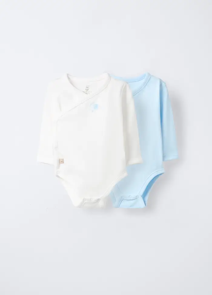 Pack 2 Body Incrociati In Interlock Di Puro Cotone Neonata, Bianco/Azzurro