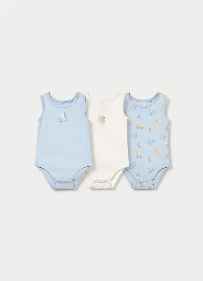 Pack 3 Body In Costina Di Puro Cotone, Neonato, Azzurro chiaro