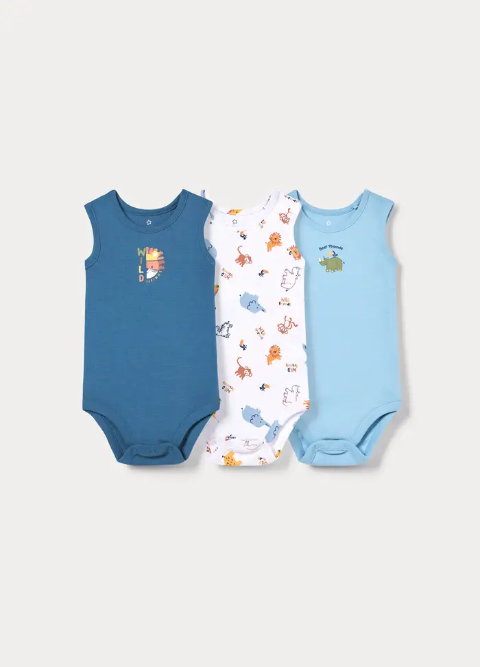 Blukids Pack 3 Body In Costina Di Puro Cotone, Neonato, Azzurro cielo