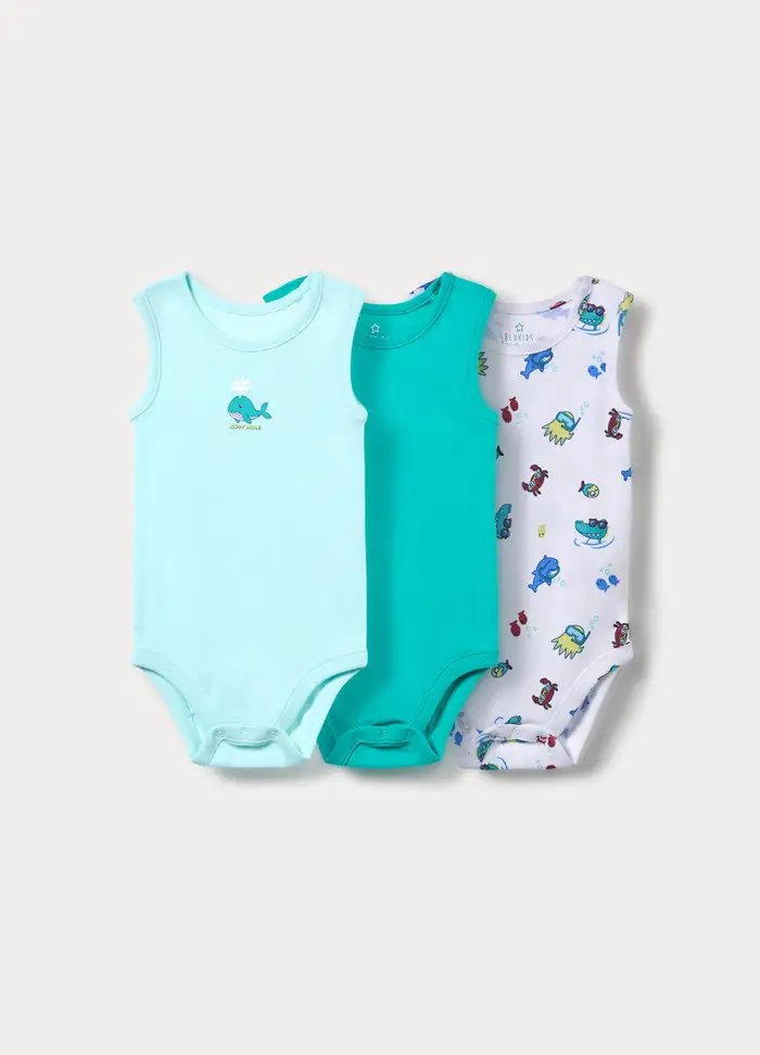 Blukids Pack 3 Body In Costina Di Puro Cotone, Neonato, Azzurro turchese