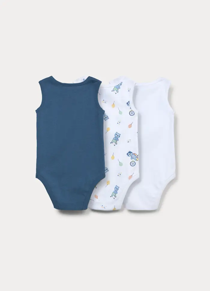 Blukids Pack 3 Body In Costina Di Puro Cotone, Neonato, Bianco/Blu
