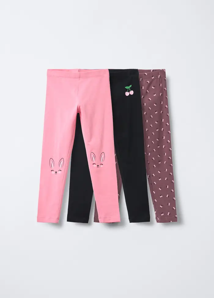 Pack 3 Leggings In Jersey Di Cotone Stretch Fit Slim Bambina, Rosa pastello