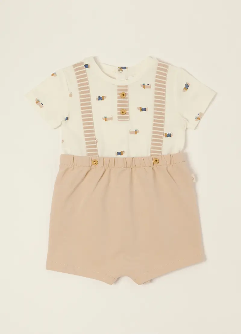 Blukids Pagliaccetto Bianco Con Stampa E Dettagli In Cotone Organico, Neonato, Beige