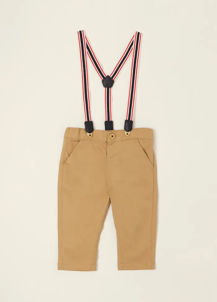 Blukids Pantaloni Beige Per Neonato In Cotone Elasticizzato Con Bretelle, Beige