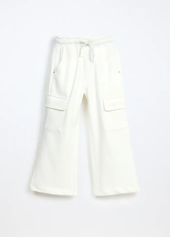 Blukids Pantaloni Cargo In French Terry Di Misto Cotone Bambina, Bianco gesso