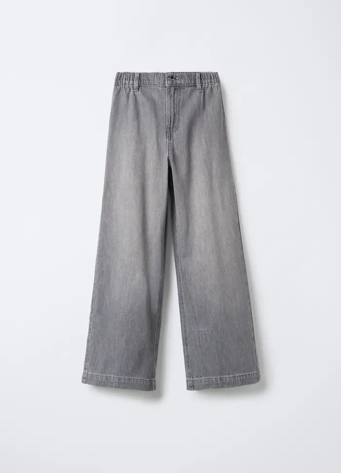 Pantaloni In Denim Di Cotone Misto Viscosa Wide Leg Ragazza, Bambina, Grigio chiaro
