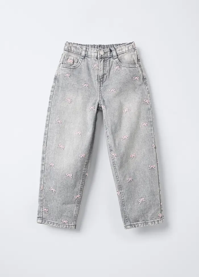 Pantaloni In Denim Di Puro Cotone Fit Balloon Bambina, Grigio chiaro