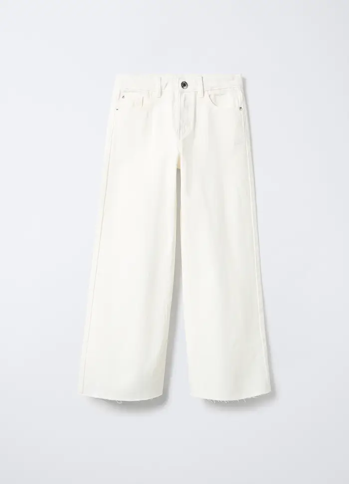 Pantaloni In Denim Di Puro Cotone Wide Leg Ragazza, Bambina, Bianco gesso