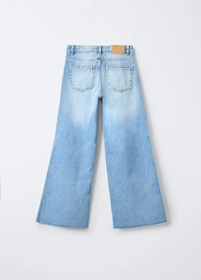 Pantaloni In Denim Di Puro Cotone Wide Leg Ragazza, Bambina, Blu chiaro