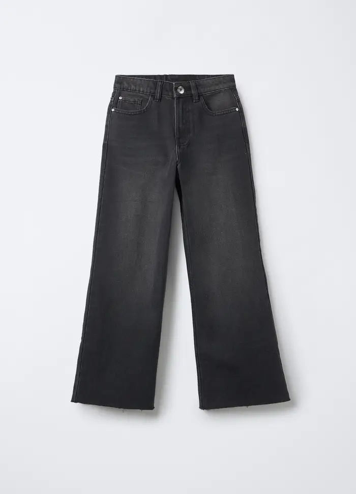 Pantaloni In Denim Misto Cotone Wide Leg Ragazza, Bambina, Nero canna di fucile