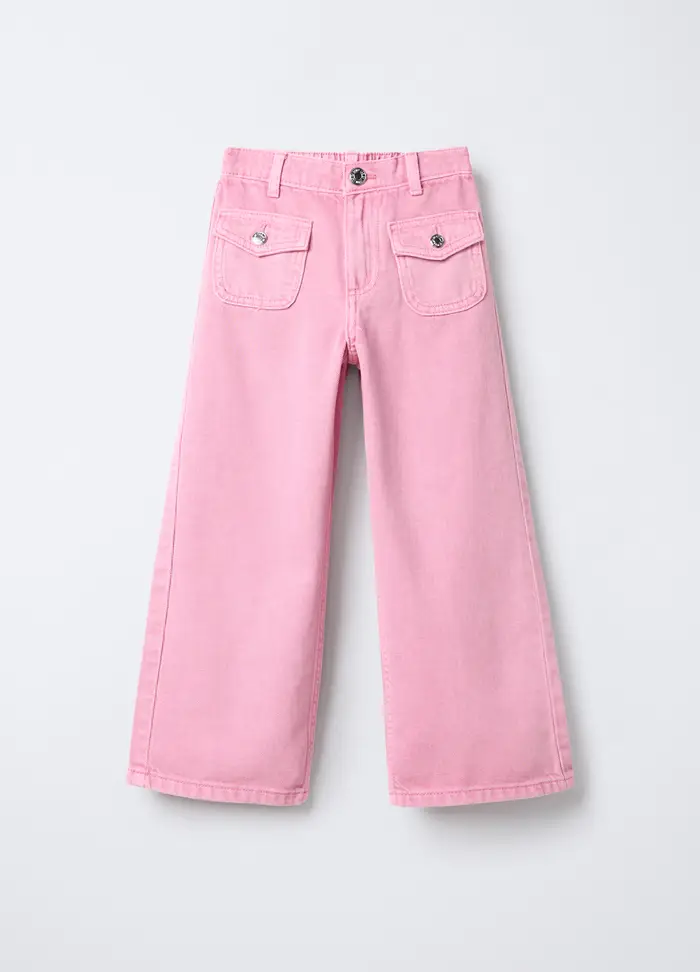 Pantaloni In Twill Di Puro Cotone Wide Leg Bambina, Rosa pastello