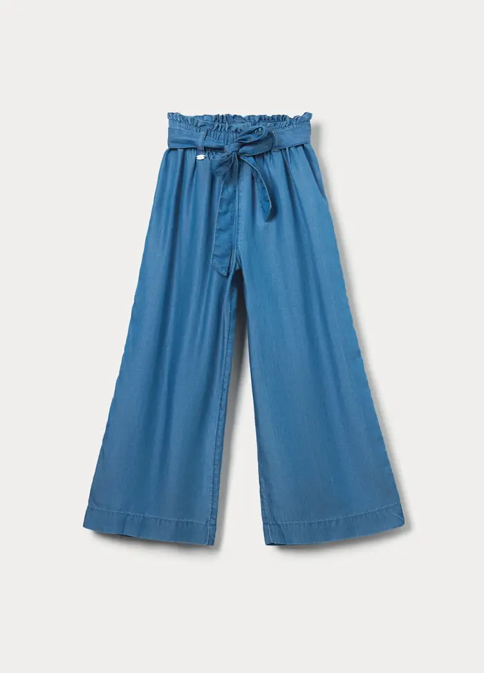 Blukids Pantaloni Straight Fit In Pura Lyocell Bambina, Blu denim