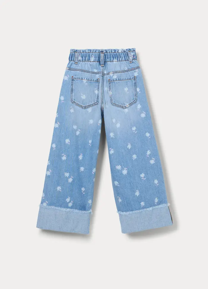 Pantaloni Wide Leg In Denim Misto Cotone Bambina, Azzurro
