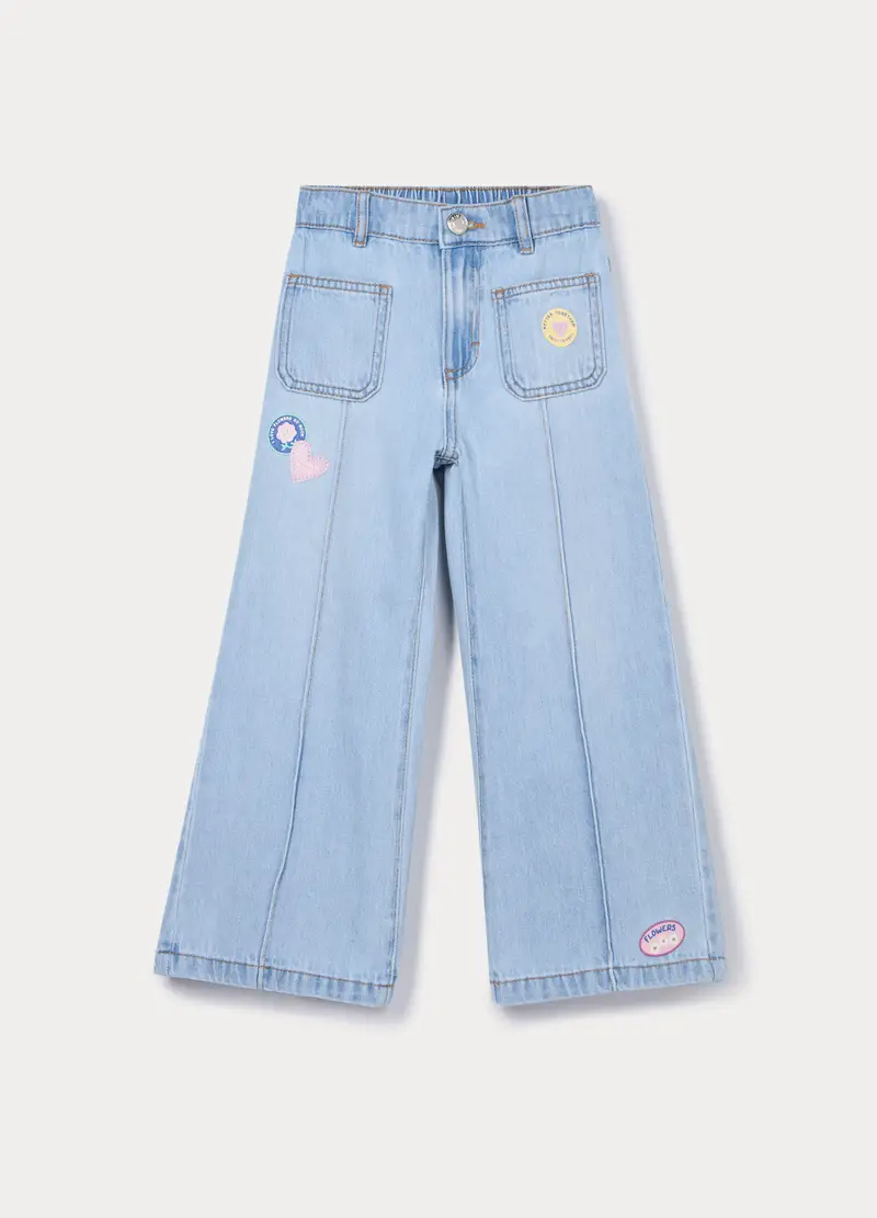 Blukids Pantaloni Wide Leg In Denim Misto Cotone Bambina, Azzurro chiaro