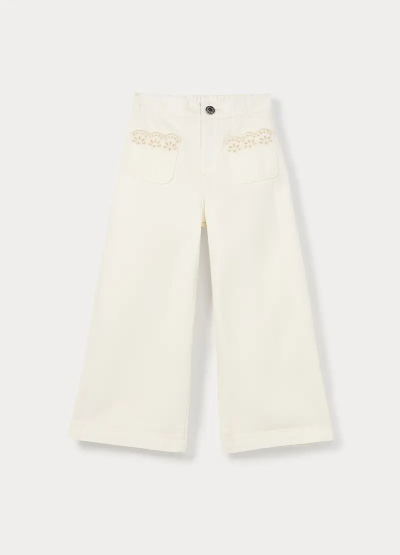 Blukids Pantaloni Wide Leg In Twill Di Puro Cotone Ragazza, Bambina, Bianco gesso