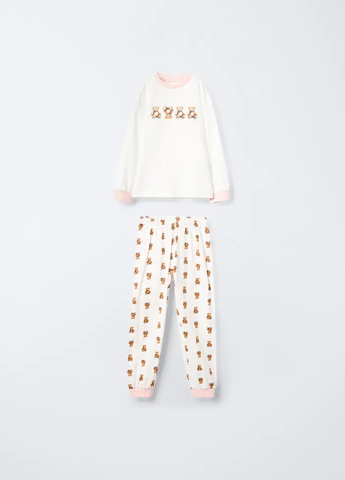 Pigiama Lungo In Jersey Di Puro Cotone Bambina, Bianco