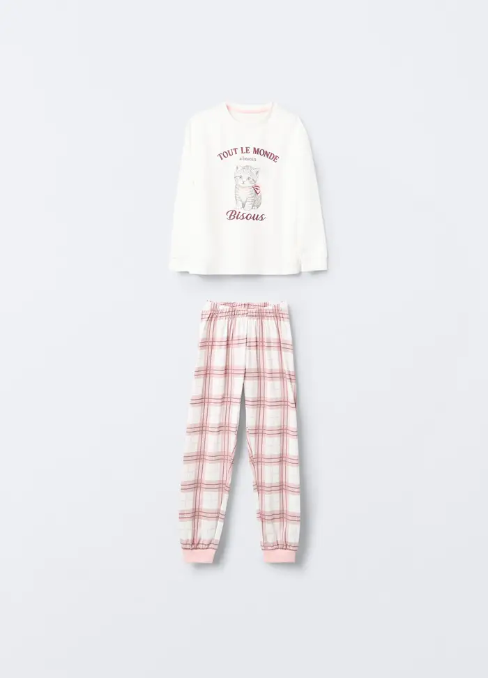 Pigiama Lungo In Jersey Di Puro Cotone Bambina, Bianco/Rosa