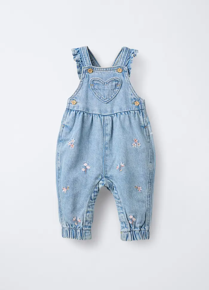 Salopette In Denim Di Puro Cotone Fit Regular Neonata, Blu denim