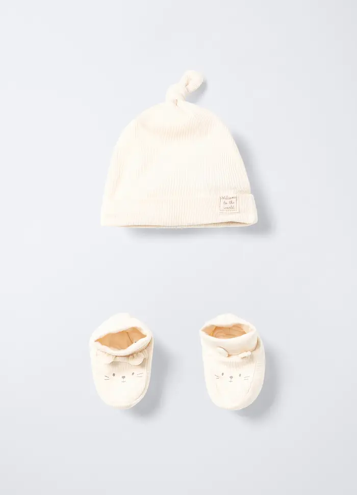 Blukids Set Berretto + Scarpine In Costina Di Puro Cotone Neonata, Bianco avorio, U