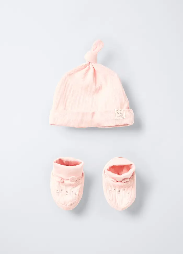 Blukids Set Berretto + Scarpine In Costina Di Puro Cotone Neonata, Rosa chiaro, U