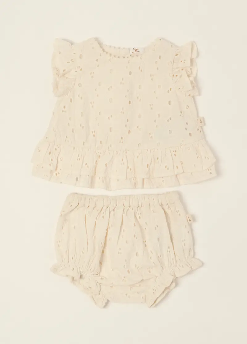 Blukids Set Bianco In Puro Cotone Con Volant, Neonata, Beige