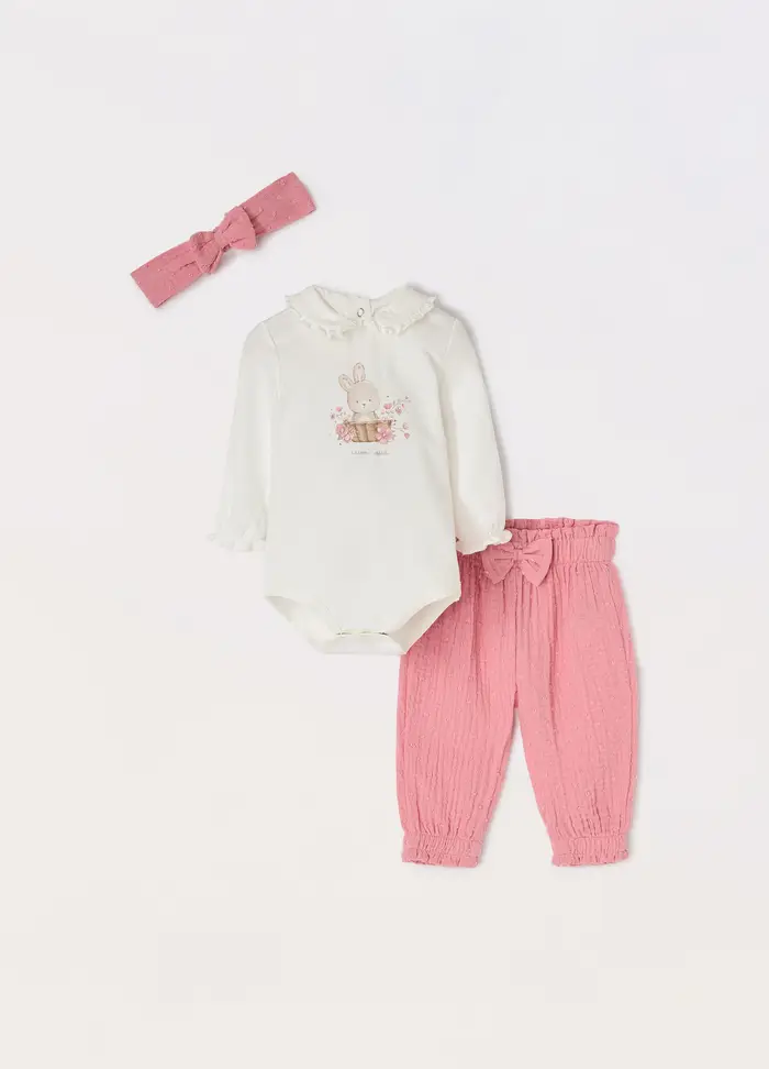Blukids Set Fascetta + Body + Pantaloni Neonata, Rosa scuro