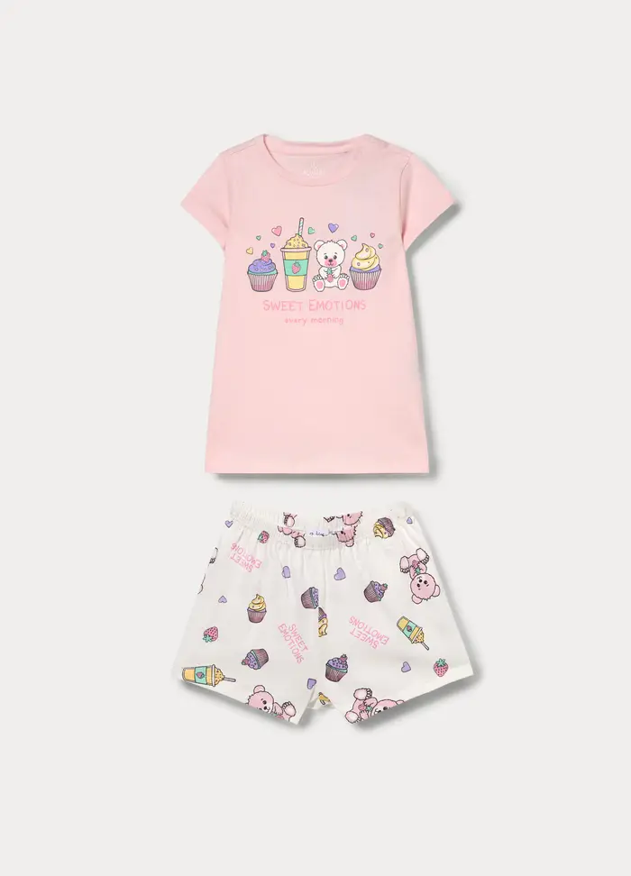 Blukids Set Pigiama Corto In Jersey Di Puro Cotone, Bambina, Bianco/Rosa