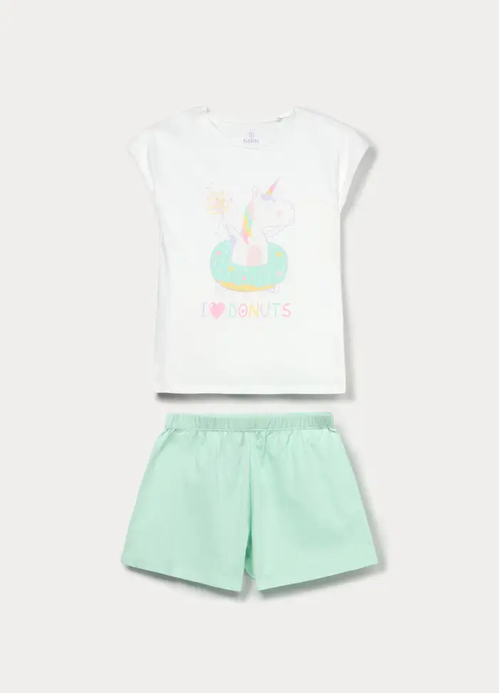 Blukids Set Pigiama Corto In Jersey Di Puro Cotone, Bambina, Bianco/Verde acqua