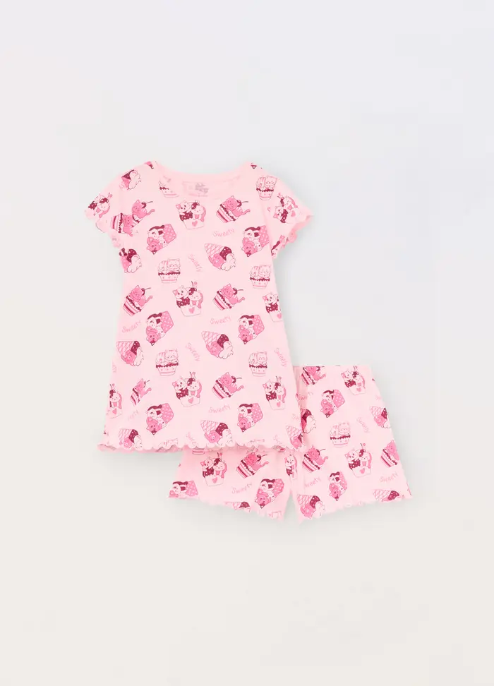 Blukids Set Pigiama Corto In Jersey Di Puro Cotone Bambina, Rosa chiaro