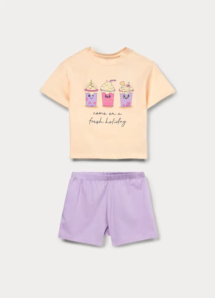 Blukids Set Pigiama Corto In Jersey Di Puro Cotone, Bambina, Rosa/Viola