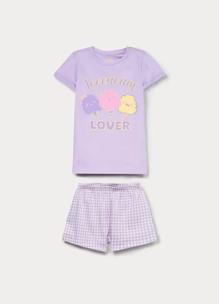 Blukids Set Pigiama Corto In Jersey Di Puro Cotone, Bambina, Viola lilla