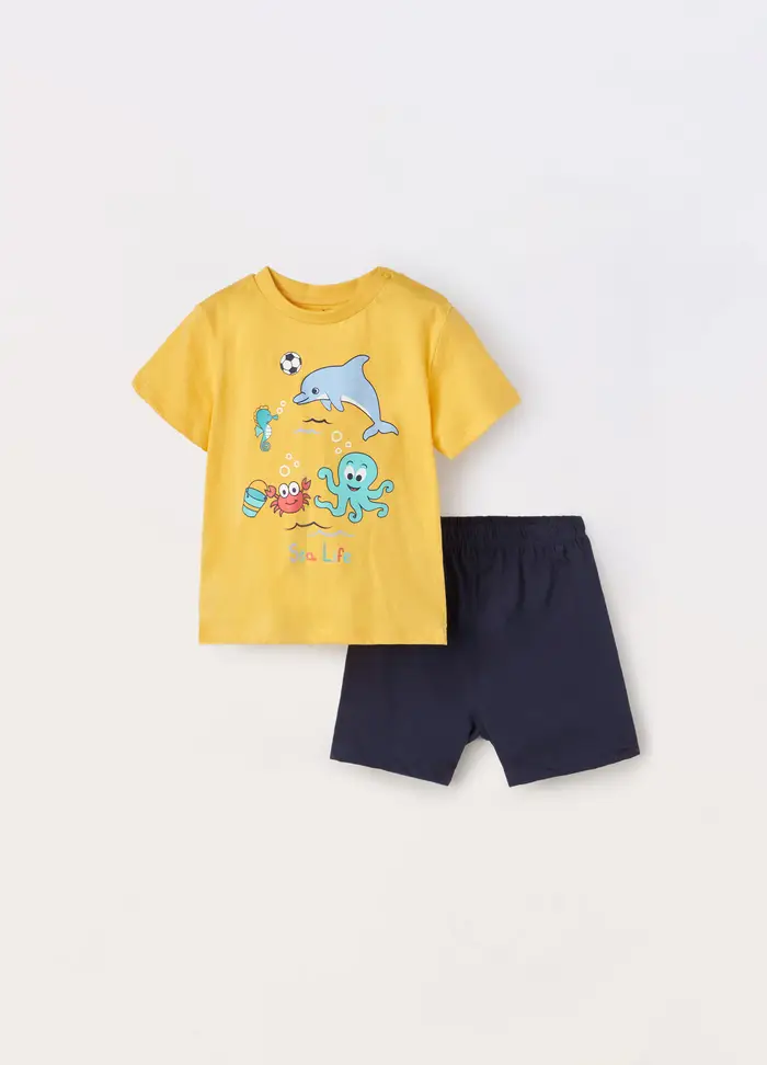Set Pigiama Corto In Jersey Di Puro Cotone Neonato, Giallo banana